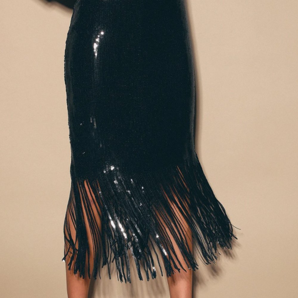 Lulu's Toast to This Black Sequin Fringe Midi Skirt